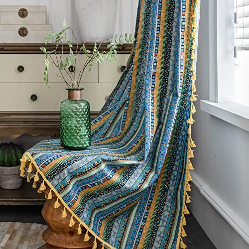 Freyamy Vorhang 200x150cm Böhmische Bunt Blau Baumwolle Leinen Landhausstil Vertikale Streifen Blickdicht Gardinen mit Beige Quasten 2er Set Makramee Verdunklungsvorhänge Gardinen für Wohnzimmer