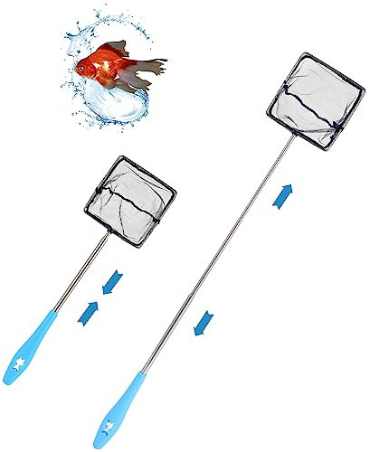 Quadratischer Kescher Fischnetz, Aquarienkescher mit Teleskopstiel, aus rostfreiem Stahl, zum Fangen von kleinen Fischen und Garnelen und zur Reinigung des Aquariums(Blau)