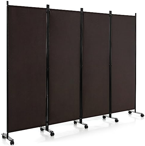COSTWAY 3/4-Panel Folding Room Divider, Rolling Wall Privacy Screen Protector with Wheels, Freestanding Paravent Partition Separator for Bedroom, Living Room and Office (Espresso, 4 Panel-224x172cm)
