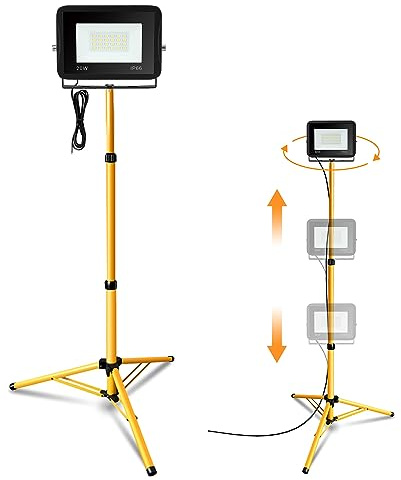 Jiubiaz Proiettori Treppiede LED Faro Faretto cavalletto telescopico, 20W 1700LM Bianco Freddo per illuminazione del cantiere, altezza regolabile, impermeabile IP66 (cavo 1m, senza spina)