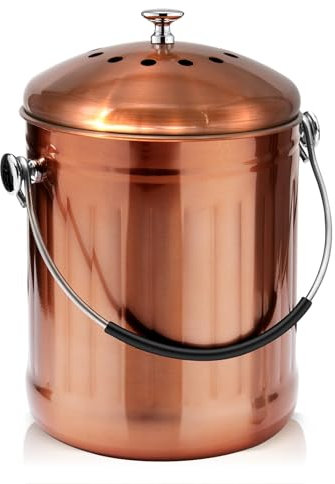 ENLOY Compost Bin for Kitchen Countertop, 1.3 Gallon Matte Copper Stainless Steel Compost Bucket with Lid, Odorless Food Waste Bucket with 2 Charcoal Filters, Indoor Compost Pail with SOFT-GRIP Handle