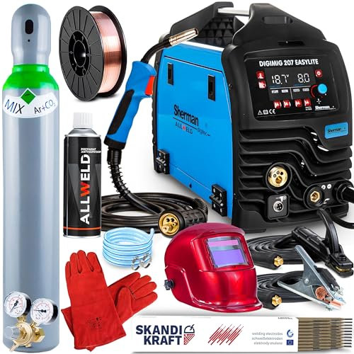 ALLWELD Sherman DIGIMIG 207 EASYLITE - Synergisches Inverter MIG MAG Schweißgerät mit Schutzgas und Fülldraht - MMA, WIG Lift - Mit Induktivität, Lötschweißen und 2T/4T - Set: ProfessionalPlus
