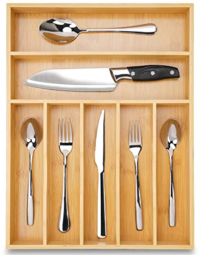 13 Bamboo Kitchen Drawer Organizer,7 Slots Silverware Cutlery Organizer | 13 Inch Silverware Organizer，7 Slots, Wood Caddy for Flatware Cutlery, Kitchen Drawer Organizer, Large Big，Durable