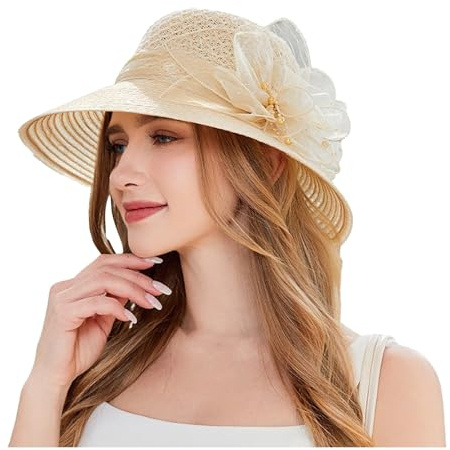 Sonnenhut Damen Sommer Strohhut Damenhut Elegant Organza Kirche Fascinator Braut Hochzeit Sonnenhüte Strandhut Sonnenschutz breiter Krempe Sommerhut mit Blume UV-Schutz Sommermütze Urlaub Strandmütze