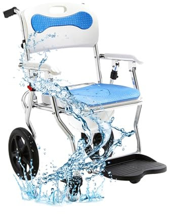 Joyfitness Klappbarer Duschstuhl für die Innendusche, klappbarer Badestuhl mit Armlehnen und Rückenlehne, Toilettenstuhl mit Rollen, Toilettenstuhl mit hochklappbarer Fußstütze für ältere Menschen
