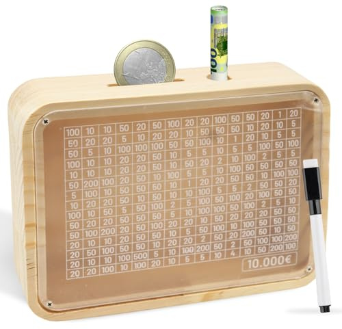 Spardose Holz, 10000€ Wiederverwendbare Sparbox Holz, Retro Sparbüchse Aufbewahrungsbox mit Sichtfenster, Sparbox mit Zahlen zum Ankreuzen, Sparschwein mit Sparziel, Spar Box für Erwachsene Kinder