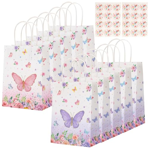 Vyuwast 10 Stück Schmetterling Geburtstagstüten | 10 Tüten + 24 Dankesaufkleber, für Süßigkeiten & Mitgebsel bei Kindergeburtstag, Mädchenparty & Hochzeit