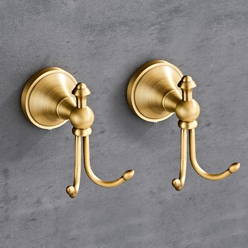 KWQKEM 2 Pcs Pack Antique Brass Towel Hook Vintage Coat Hook with 2 Hooks Wall Mounted Robe Hooks for Bathrooms and Kitchen Bronze Hand Towel Hook Hanger with Brushed Gold Finish