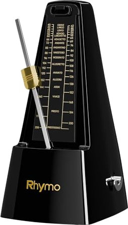 Rhymo Metronom Mechanisch mit Glocke, 40-208 BPM, 4 Genaue Taktarten (2/4, 3/4, 4/4, 6/8) für Klavier, Schwarz