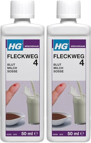HG Fleckweg 4, Effektiver Fleckenentferner für Blut-, Saucen-, Bratensaft-, Gewürz-, und Milchflecken - 50 ml (Packung mit 2)