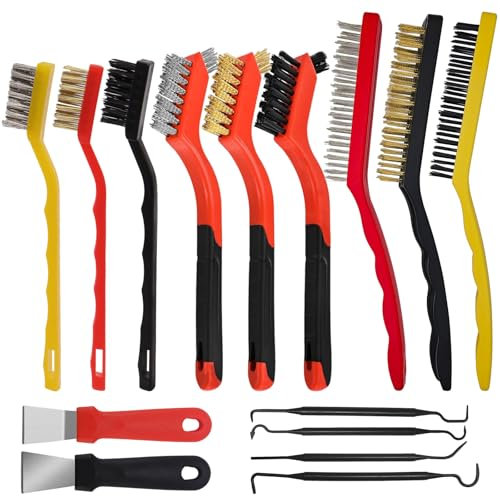 ANBOWEI 15pcs Mini Wire Brushes for Cleaning with Small Brass Brushes Steel Brushes and Nylon Brushes, Includes 4 Double-Ended Hook Brushes & 2 Scrapers for Cleaning Dirt And Rust