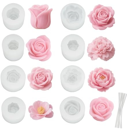 LAGAHS 8pcs Silikonformen Gießen Formen mit 10pcs Candlewick, Blumen Kerzen Silikonformen 3D Gießen Form handgemachte Seife Formen DIY für Kunsthandwerk Pralinen Fondant Kuchen backen