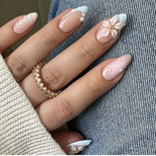 MouyouGlow Press on Nails Kurz,Almond Nude Blau French 3D Bubble Blumen Floral Water Rib Meer Perle Sommer Fake Nails,White Flowers Ocean Sweet Künstliche Fingernägel