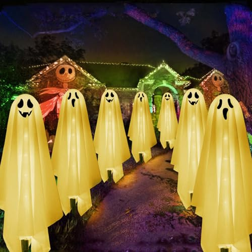 Homeleo Set of 6 Solar Ghost Lights for Halloween Decorations Outdoor, Warm White Scary Spooky Garden Patio Grave Lawn Porch Pathway Stake Lights for Outside Yard Trick or Treat Halloween Party Decor