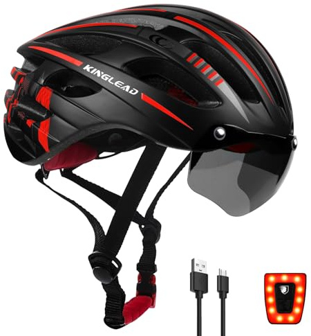 KINGLEAD Cykelhjälm för män och kvinnor – cykelhjälm med magnetiska glasögon och USB-laddning LED-ljus, lätt, justerbar snygg cykling, mountainbikehjälm, 54–58 cm