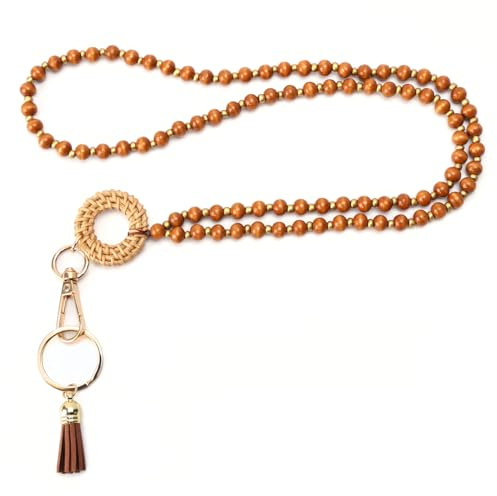 Qzakce Schlüsselband Hölzerne Perlen Umhängeband Schlüsselband Neck Lanyard für Schlüssel Ausweis Kreditkarten Näherungsschlüsselkarten Führerscheine, Braun