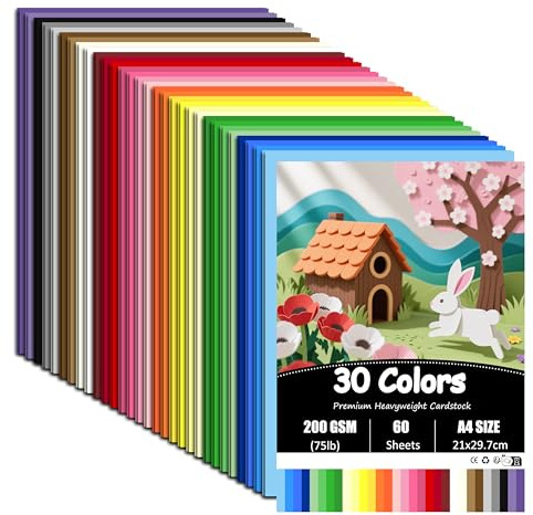 60 Sheets Coloured Card, A4 200 g/m² Card Stock, 30 Assorted Colours