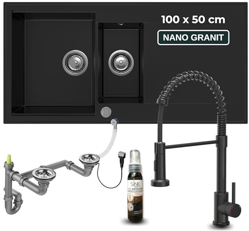 SINK QUALITY Spülbecken schwarz mit Armatur, Granitspüle 100x50 cm, Küchenspüle 1,5 Becken, Spüle mit Wasserhahn, Siphon und Imprägniermittel, Küchenspüle ab 60er Unterschrank