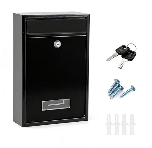 Huucozn Boîte aux Lettres Murale, Boîte aux Lettres Verrouillable avec Plaque pour Courrier 32 x 22 x 8.5 cm Boite Postale d'Extérieur avec Plaque Nom et Clé pour Maison, Bureau, École (Noir)
