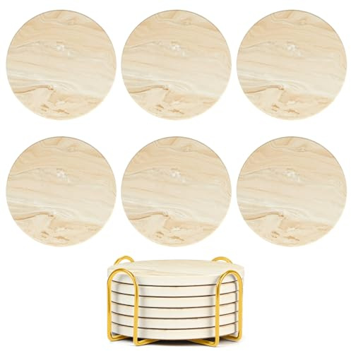 Coasters Set of 6, Ceramic Round Drink Coasters with Holder Absorbent Marble Drink Coaster Set with Non-slip Cork Base & Ceramic Stone Cup Pad for Cups Mug Wine Glass Home Kitchen & Bar