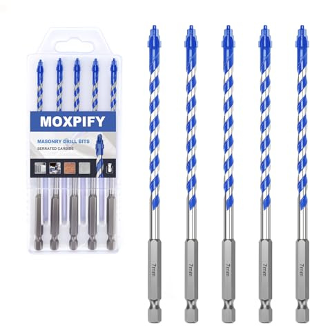 MOXPIFY 5PCS 7mm x 150mm Masonry Drill Bits Set, Porcelain Tile Drill Bit, Tungsten Carbide Drill Bit for Tile, Glass, Ceramic, Marble, Concrete, Brick, Granite, Wood