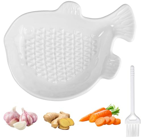 Hontaog Plato rallador de cerámica para jengibre, ideal para jengibre, parmesano, limón, cúrcuma y ajo, apto para lavavajillas, incluye rallador de frutas y cepillo
