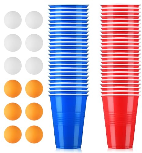 Gulxwis Beer Pong, 500ML Gobelet Beer Pong, 50 Tasses(Rouge et Bleu) + 12 Boules(Jaune et Blanc), Idéal pour les Jeux à Boire, Fêtes, Anniversaires, Mariages, Camping