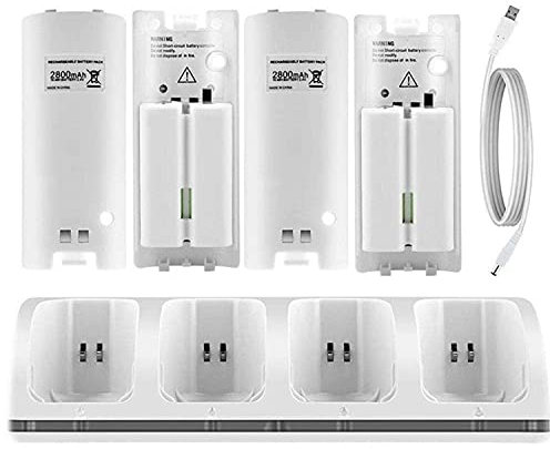 CICMOD Stazione di Ricarica 4 Batterie Ricaricabili per Nintendo Wii Telecomando capacità 2800 mAh Bianco
