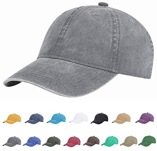 YEANIY Grey Vintage Washed Cotton Plain Baseball Cap Adjustable Unstructured Soft Blank Casual Dad Hat for Men Women, Golf Hat
