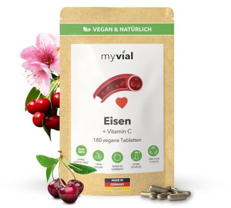 Eisen Tabletten 180 Stück hochdosiert – 20 mg Eisen und 40 mg Vitamin C pro Tablette – Eisenbisglycinat vegan ohne Zusatzstoffe plastikfrei produziert in Deutschland