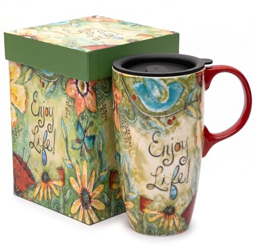 DUSVALLY Ceramic Mug Large Coffee Cup Tall Mugs Porcelain Latte Tea Cup with Lid 17oz,Enjoy Life