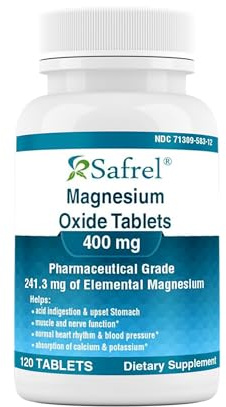Safrel Magnesium 400mg Tablets, High Potency Magnesium Oxide Supplement for Muscle Cramps, Relaxation, Nerve and Immune Support, 120 Count