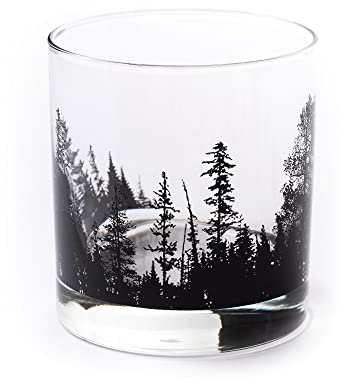 Black Lantern Forest Landscape Whiskey Glass – 11oz Heavy Base Old Fashioned Rocks Glass – Screen Printed Woodland Barware Gift