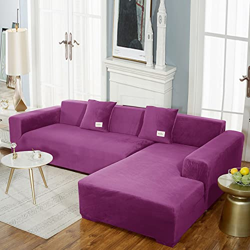 YOPOIY Sofaüberwurf für Sektionssofa, Samt Plüsch Sofabezug L Form Schmutzabweisend Möbelschutz mit Gummiband für Ecksofa-Violett-2-Sitzer + 3-Sitzer