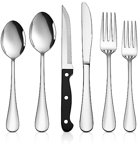 HaWare 48-Piece Silverware Set with Steak Knives, Stainless Steel Flatware Set for 8, Mirror Polished Cutlery Tableware Set, Eating Utensils Include Knife Fork Spoon for Home Kitchen, Dishwasher Safe