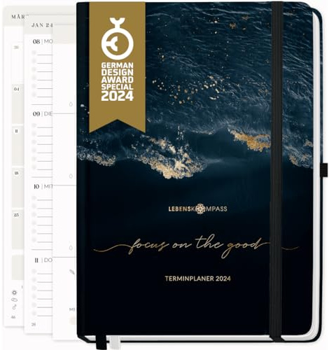 Lebenskompass Kalender 2024 Buchkalender A5 WAVE - Schöner Wochenkalender & Terminplaner 2024 - stabiles Hardcover - Taschenkalender 2024 - Buchkalender A5 + Viele Extras