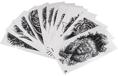 ANCLLO 12 Feuilles Manches Complètes Tatouages Temporaires Noir Animal Lion Loup Grand Motif Simulation Tatouage Autocollant Réaliste Faux Tatouages pour Adultes