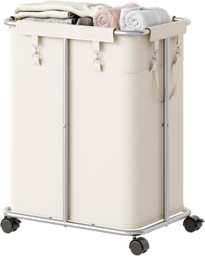 HOOBRO Wäschekorb mit Rollen, 170 L Wäschesammler mit herausnehmbarem Beutel, Wäschewagen, beweglich oder feststehend, für Schlafzimmer, Waschküche, Cremeweiß ESW05XY01