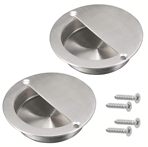Gasea 2 Packs Recessed Sliding Pull Door Handles, 90mm Stainless Steel Flush Pull Handles Round Finger Pulls Hidden Cabinet Handles with Screws
