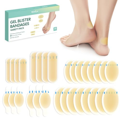 Welnove Gel Blister Bandages for Feet - 30ct Blister Cushion for Heel, Toe - Water-Resistant Hydrocolloid Bandages - Blister Pads for Prevention & Recovery