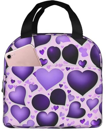 MyPiky Fashional - Bolsa de almuerzo portátil con estampado de corazón morado, bolsa de almuerzo aislada para mujeres y hombres, trabajo, viajes