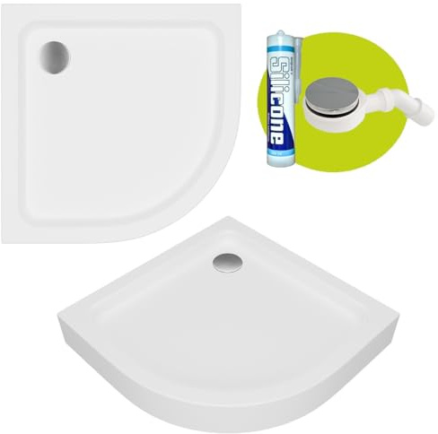 ECOLAM Duschwanne BEN 90x90 Höhe 15 Siphon Brausewanne Viertelkreis Dusche | im Set Siphon Silikon Acryl weiß Schürze an 3 Seiten direkt vom Hersteller Top Qualität Radius 55 cm