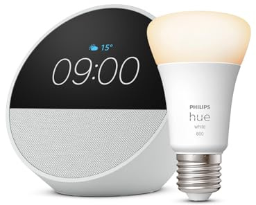 Echo Spot | Blanc + Philips Hue White, ampoule connectée LED E27, fonctionne avec Alexa - Kit de démarrage Maison connectée