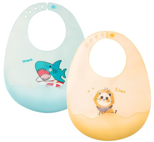 DHWEKU Baberos de Alimentación para Bebés, 2 pcs, Impermeables, Suave Ajustable, con Recolector de Alimentos