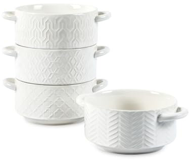 Sureasy 20 oz Soup Bowls with Handles, Ceramic French Onion Soup Bowls, Oven Safe Soup Crocks for Beef Stew, Chili, Cereal, Pot Pies, Embossed Serving Bowls Set of 4, Gift, White