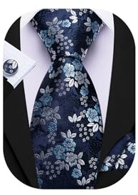 Barry.Wang Floral Ties Set Mens Silk Blue Necktie Pocket Square Cufflinks for Formal Wedding Business