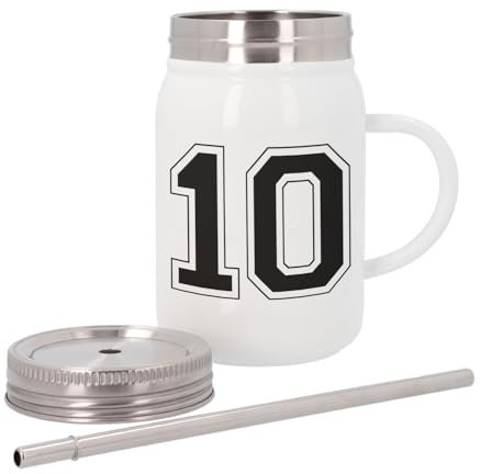 Mug Isotherme en Inox avec Couvercle et Paille - Numéro de Maillot 10 Noir et Blanc Foot Basket - 500 ml - Tasse Thermo