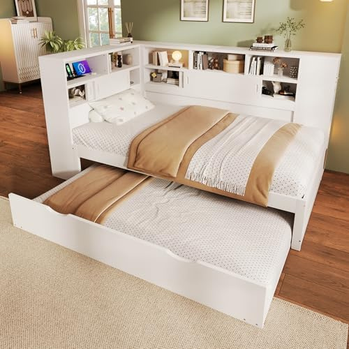 WIZBED Funktionsbett | Stauraumbett | Kinderbett mit Ausziehbett, USB und Bücherregal, Kiefernholz Plattformbett mit Regal, für Erwachsene, Kinder, Jungendliche, Weiß, 90x200 (90x190)
