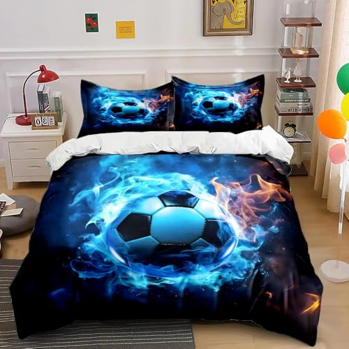 SJSXWQN Housse de Couette 140x200 cm Enfant Ballon De Foot Bleu Parure de Lit 2 Personnes avec Fermeture Éclair Doux Respirant Microfibre Housse de Couette et 2 Taie d'oreiller 65x65 cm