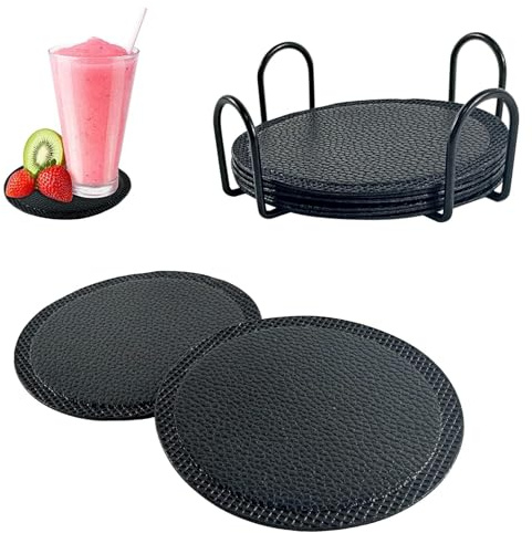 Lot de 8 sous-Verres en Cuir avec Support – Antidérapants, Imperméables et Résistants à la Chaleur, Protection de Table pour Verres, Tasses, Cuisine, Bureau